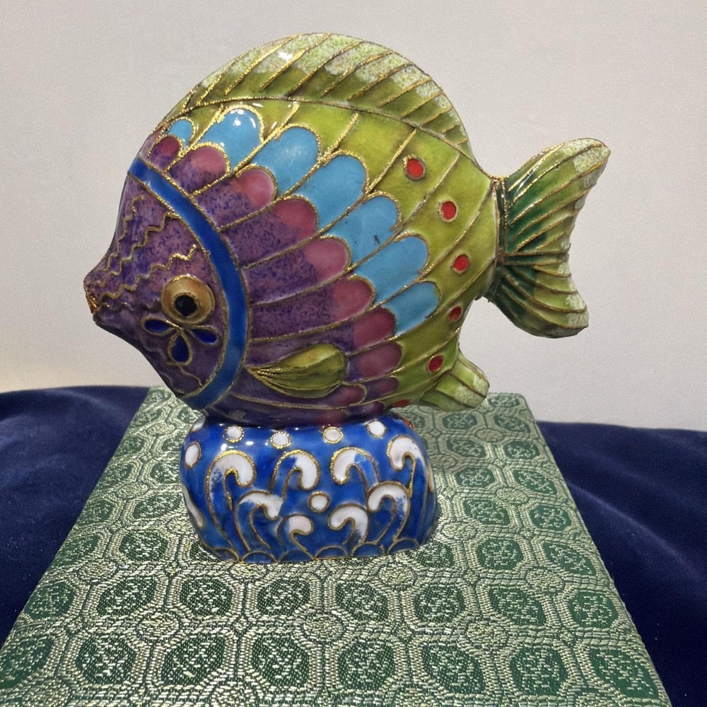 Green Cloisonne Tropical Fish on Attached Stand by D S Starr Oriental Treasures